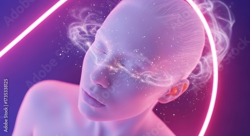 Inner World Visualization: A person with closed eyes, surrounded by an ethereal aura and abstract geometric shapes, invites viewers to explore the depths of human consciousness.