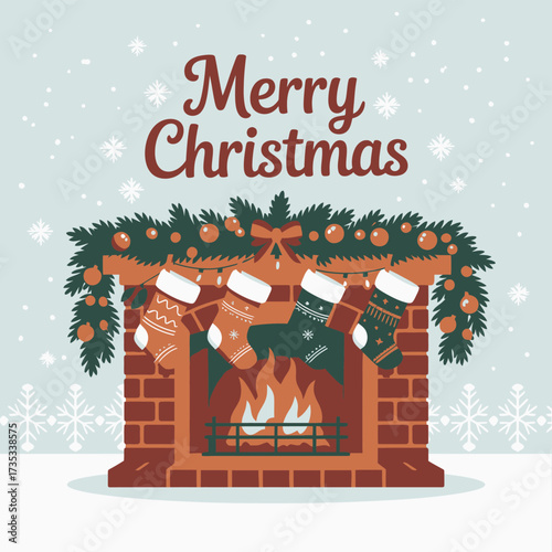Cozy merry christmas scene with a brick fireplace adorned with festive garland stockings and a warm glowing fire set against a snowy backdrop