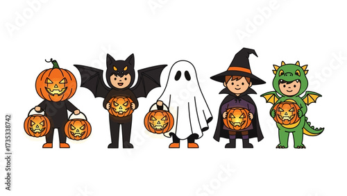 Spooky Halloween Party: Adorable kids in costumes gather, each holding a carved jack-o'-lantern, embodying the festive spirit of the holiday season.