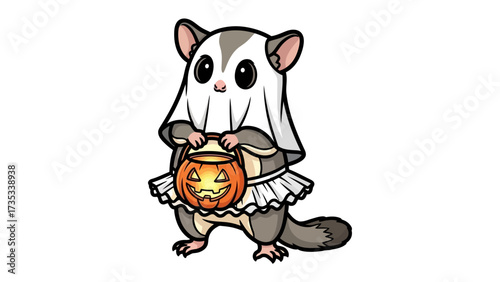 Halloween Sugar Glider: A cute sugar glider dressed as a ghost with a pumpkin. Celebrating the spooky season.