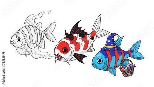 Playful Fish Trio: A colorful cartoon captures three whimsical fish in a variety of styles, with one sporting a magical hat and holding a basket. This illustration offers a cheerful ambiance.