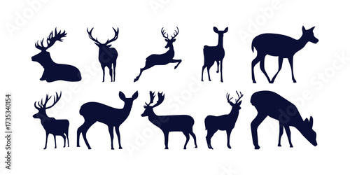 Deer silhouettes vector collection showing a variety of poses and antler shapes perfect for wildlife, nature, forest, and animal themed illustrations and logos