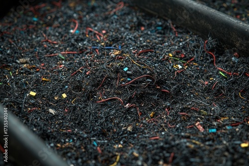 Wallpaper Mural Close-up of a large pile of shredded electronic components and wires in various colors with mostly black material scattered across a container Torontodigital.ca