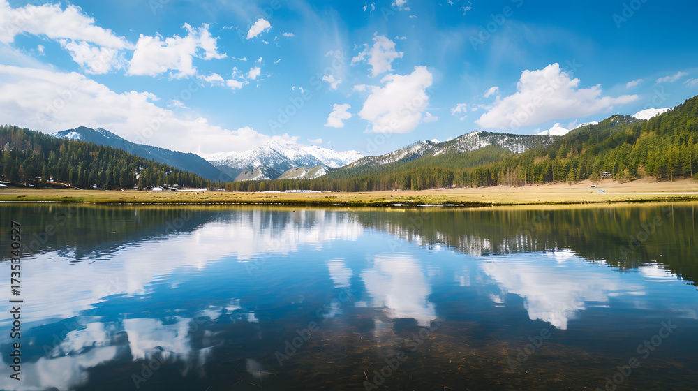 Fototapeta premium Mountain lake with snowcapped peaks and reflection