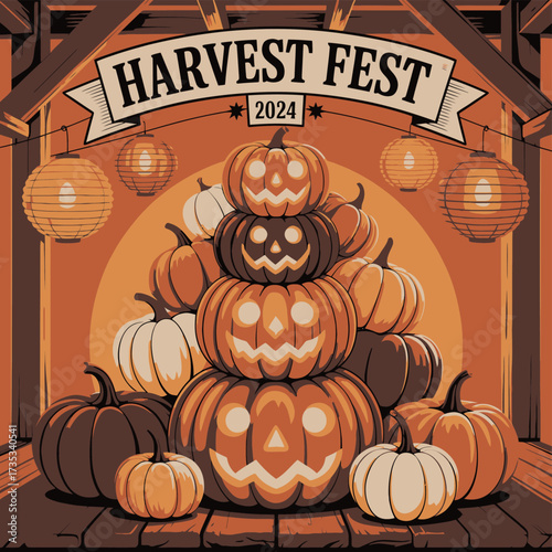Harvest fest 2024 celebrates autumn with a towering stack of jack o lanterns and festive paper lanterns