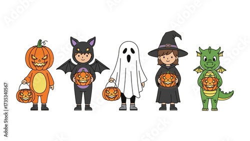 Spirited Halloween Fantasy: Delightful children dressed in creative Halloween costumes holding jack-o'-lantern buckets, spreading eerie joy and creating a whimsical atmosphere.