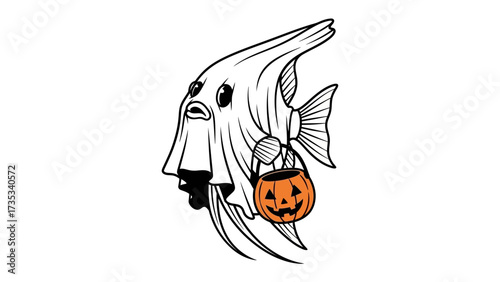 Ghostly Aquarium Delight: An unique illustration of a ghostly aquarium fish, wearing a whimsical ghost costume and holding a pumpkin lantern, evoking a sense of Halloween fun and aquatic charm.