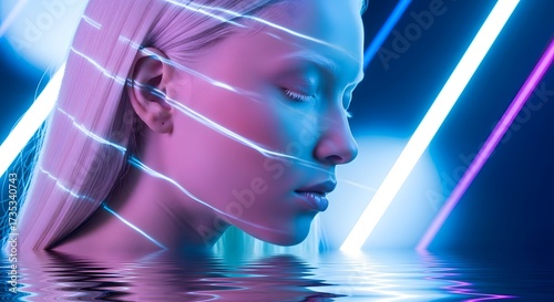 Visionary Luminescence: A portrait captures a serene woman with her eyes closed, illuminated by neon lines and reflected in a tranquil pool.