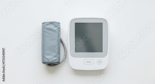 A Digital Blood Pressure Monitor with a Blank Screen on a White Surface