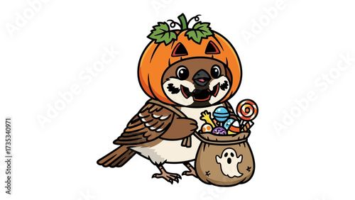 Halloween Sparrow: An adorable sparrow dressed in a pumpkin costume holds a bag full of candies, embodying the spirit of Halloween with a touch of cuteness.