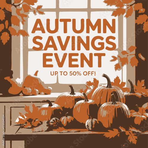 Celebrate the autumn savings event with a festive display of pumpkins and fall leaves offering up to fifty percent off