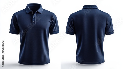 front and back views of a plain dark navy blue short-sleeve polo shirt with a collar and three buttons on a plain white background