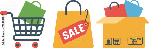 Shopping cart sale bag and delivery box icons representing online shopping retail sales and e commerce logistics for consumers and businesses