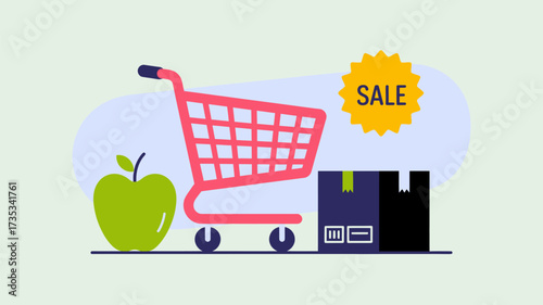 Shopping cart with apple and boxes signifying sale and online shopping with discount offers and promotions