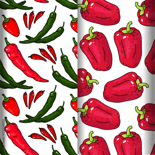 Peppers pattern set. Texture of food pepper background. Kitchen textile. Hot Chili Peppers pattern