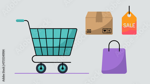 Shopping cart cardboard box shopping bag and sale tag icons representing online shopping and retail commerce