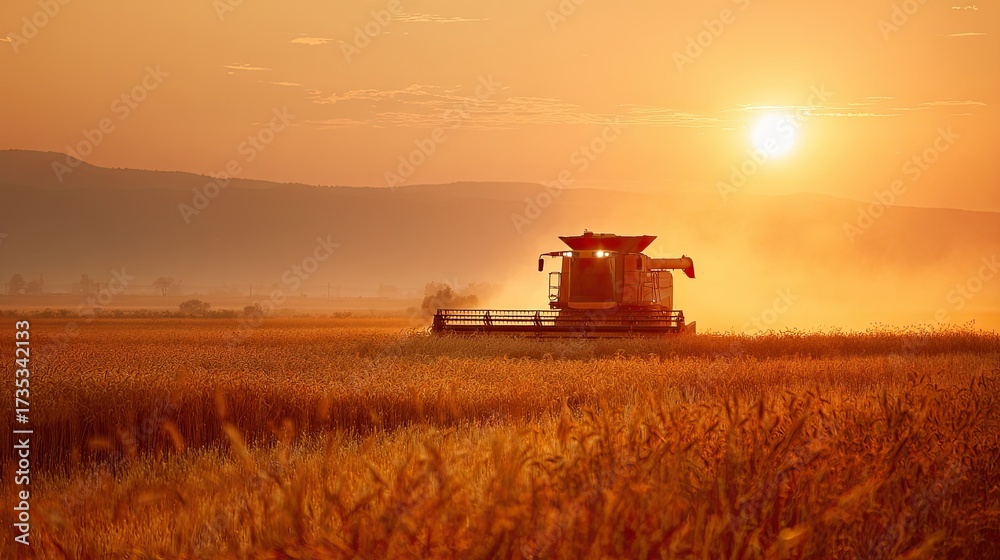Fototapeta premium A combine harvester works in a golden field at sunset, creating a serene and productive agricultural scene.