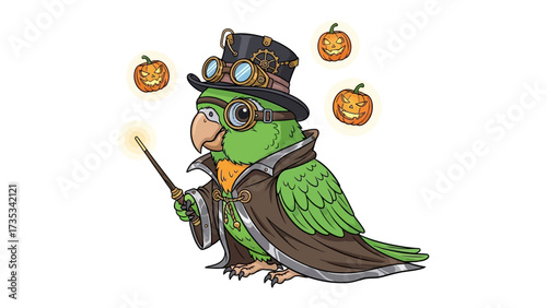 Steampunk Parrot's Halloween Spectacle: A whimsical green parrot, adorned with a steampunk top hat and goggles, conjures magical jack-o'-lanterns.