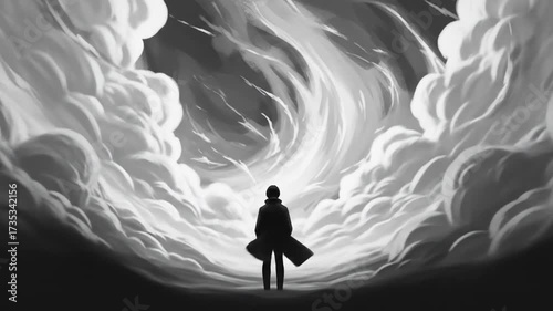 Abstract animation of person standing against surreal cloud formation artwork