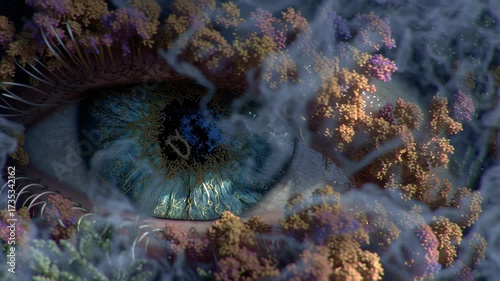 Detailed Close-Up of a Blue Eye Surrounded by Vibrant Nature Elements