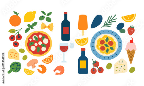 Italian Food Icons Set Pizza, Pasta, Citrus, Olives Flat Vector Illustration, Mediterranean food collection. Healthy ingredients. Illustrations of traditional products are easily editable.