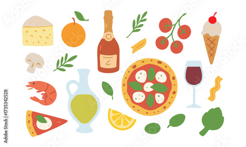 Italian Food Icons Set Pizza, Pasta, Citrus, Olives Flat Vector Illustration, Mediterranean food collection. Healthy ingredients. Illustrations of traditional products are easily editable.