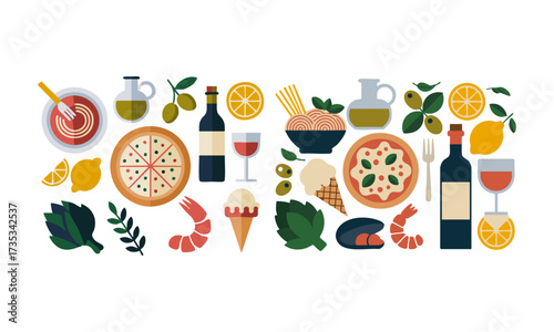 Italian Food Icons Set Pizza, Pasta, Citrus, Olives Flat Vector Illustration, Mediterranean food collection. Healthy ingredients. Illustrations of traditional products are easily editable.