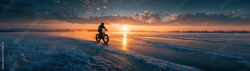 Fototapeta premium A lone cyclist rides on a frozen surface, illuminated by a stunning sunset, surrounded by dramatic clouds and a serene landscape.