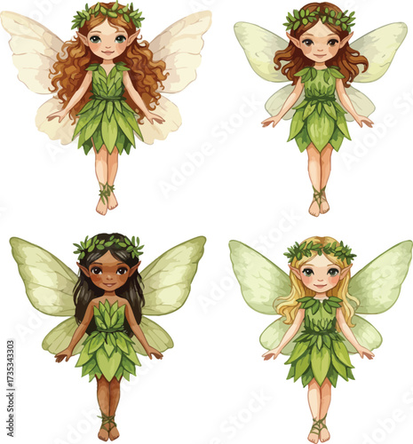 Four adorable fairies with green outfits and delicate wings