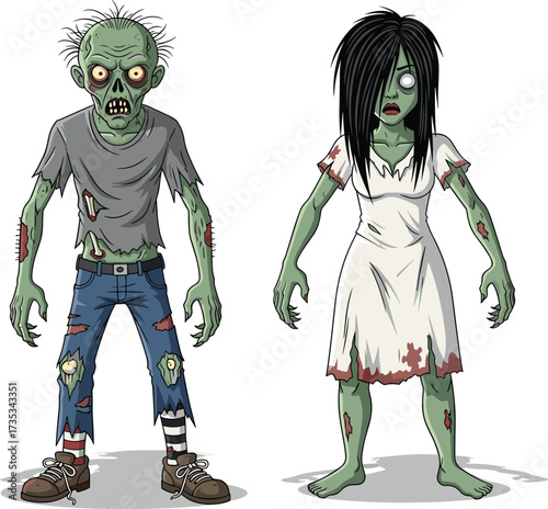 Cartoon zombie characters, horror illustration, undead couple, Halloween art, spooky design, scary monsters, green skin, blood stains, creepy costume, decay