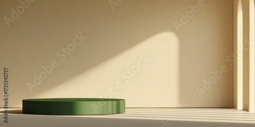 A minimalist, beige-toned room showcases a circular, deep-green presentation podium, lit by natural sunlight, creating a serene and modern aesthetic.