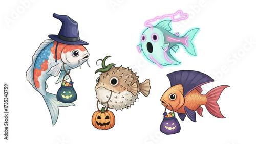 Whimsical Halloween Fish Fantasy: A fanciful display of fish decked out in festive costumes, complete with glowing lanterns, a witch hat, and a pumpkin, creating a playful and creative scene.