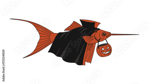 Halloween Fish Costume: A whimsical illustration depicts a vibrant orange fish playfully clad in a vampire costume, complete with a cape and a jack-o'-lantern candy bucket.