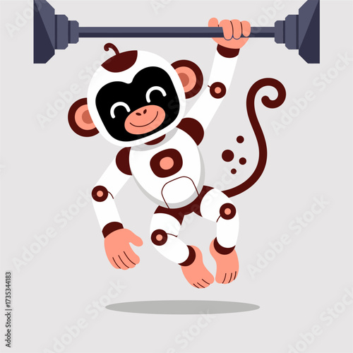 Robotic monkey athlete, hanging from bar, white alloy panels, orange node joints, playful cyborg primate illustration, vector design