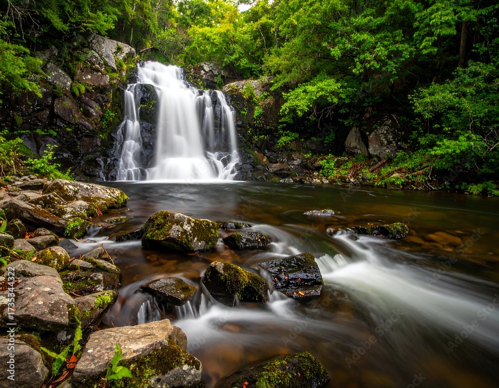 Fototapeta premium Serene Waterfall Cascading Through Lush Forest.