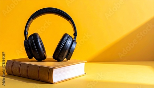 Wireless headphones resting on vintage book with bright yellow background for cozy audiobook