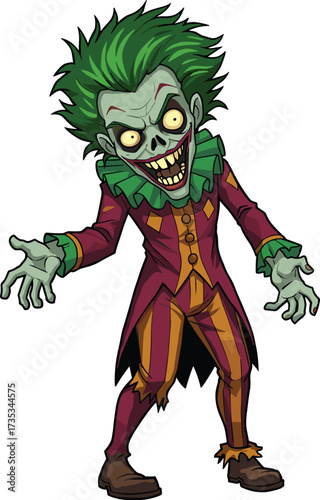 Cartoon zombie clown, creepy jester, green hair, striped suit, horror character, Halloween art, scary monster, funny undead, spooky illustration, vibrant design