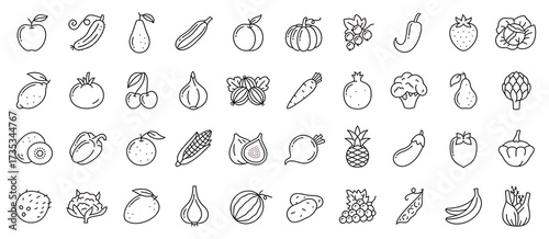 Collection of hand drawn outline icons of various fruits and vegetables