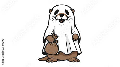 Happy Halloween otter in costume:A playful and adorable otter in a white ghost costume holding a treat bag ready for some Halloween fun, with a simple yet engaging illustration. 