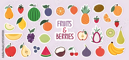 Assorted fruits and berries sticker set colorful vector illustration for healthy eating concepts iso
