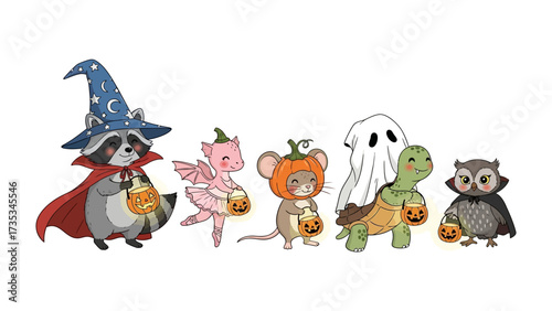 Enchanted Halloween Parade: A charming illustration features an enchanting Halloween parade of adorable animals in whimsical costumes, embracing the spirit of the season.