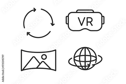 360 degree view and virtual reality line icon set. VR glasses, panorama image, and spherical view symbols for web and app design. Immersive experience and metaverse concept.