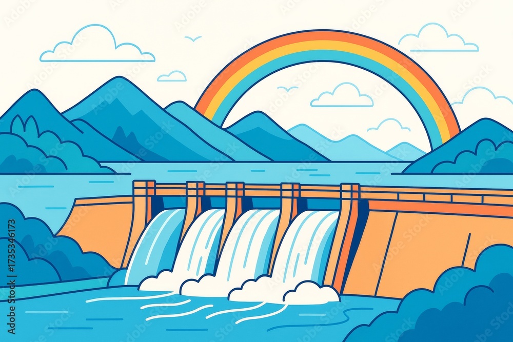 Naklejka premium Colorful dam with flowing water and rainbow in scenic mountain landscape under light sky with clouds and birds in creative cartoon style. Ai generative
