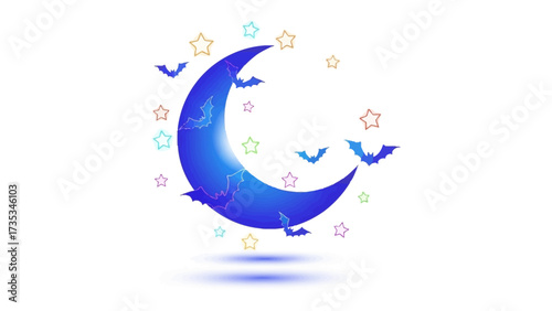 Moonlit night: A captivating image featuring a vibrant blue crescent moon adorned with delicate bat and star motifs, evoking a sense of enchantment and wonder in the twilight sky.