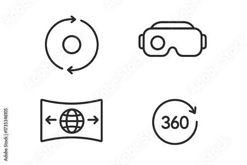 360 degree view & virtual reality line icon set. VR glasses, panorama, rotation symbols. Vector for augmented reality, web, mobile app, UI, UX. Editable stroke illustration.