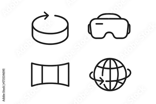 360 degree view and virtual reality line icon set. VR glasses, panorama, and spherical rotation symbols for web and app design. Immersive experience and technology vector.