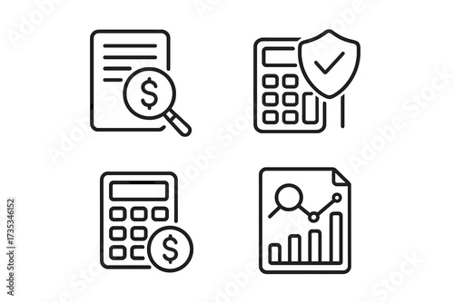 Accounting line icon set for business finance. Vector icons for financial assessment, secure calculation, investment analytics, auditing report, data inspection and bookkeeping.