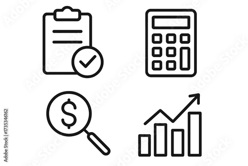 Accounting and finance web icon set in line style. Financial assessment, calculator, auditing, inspection, investment, calculation, business analytics, and profit growth chart.