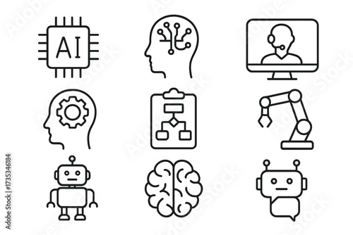 Artificial Intelligence line icon set. AI technology concepts like machine learning, virtual assistant, robotic arm, automation, chatbot, brain, and neural network. Vector collection.