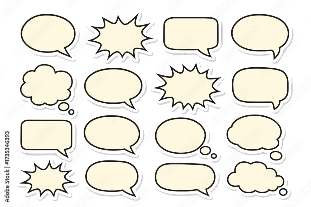 Fototapeta premium Big set of retro comic speech bubbles. Empty sticker style vector illustration for dialog and communication. Includes thought bubbles, chat boxes, and explosion shapes.
